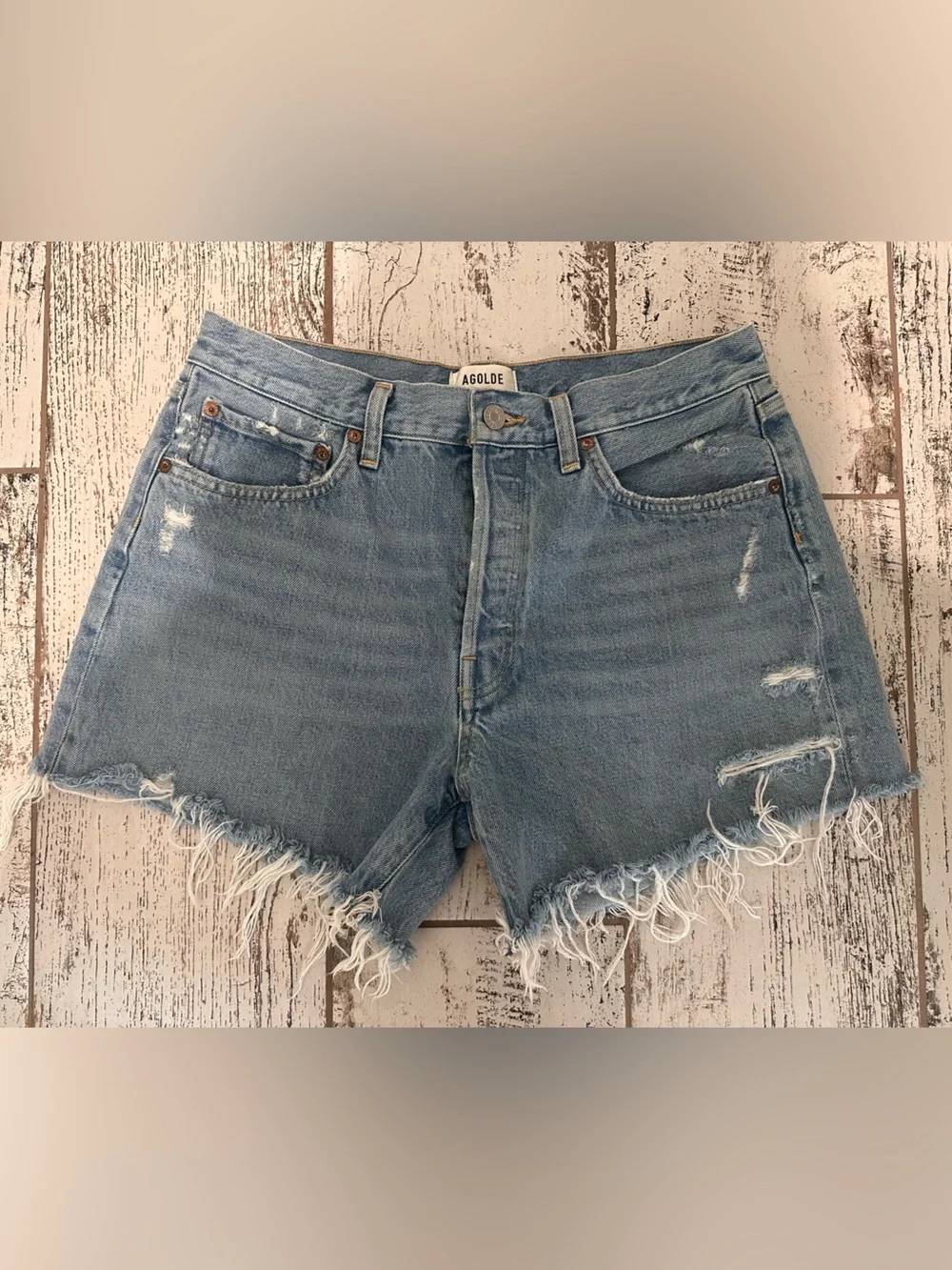 Agolde Parker Long, Light Blue Frayed Hem Distressed Denim Short